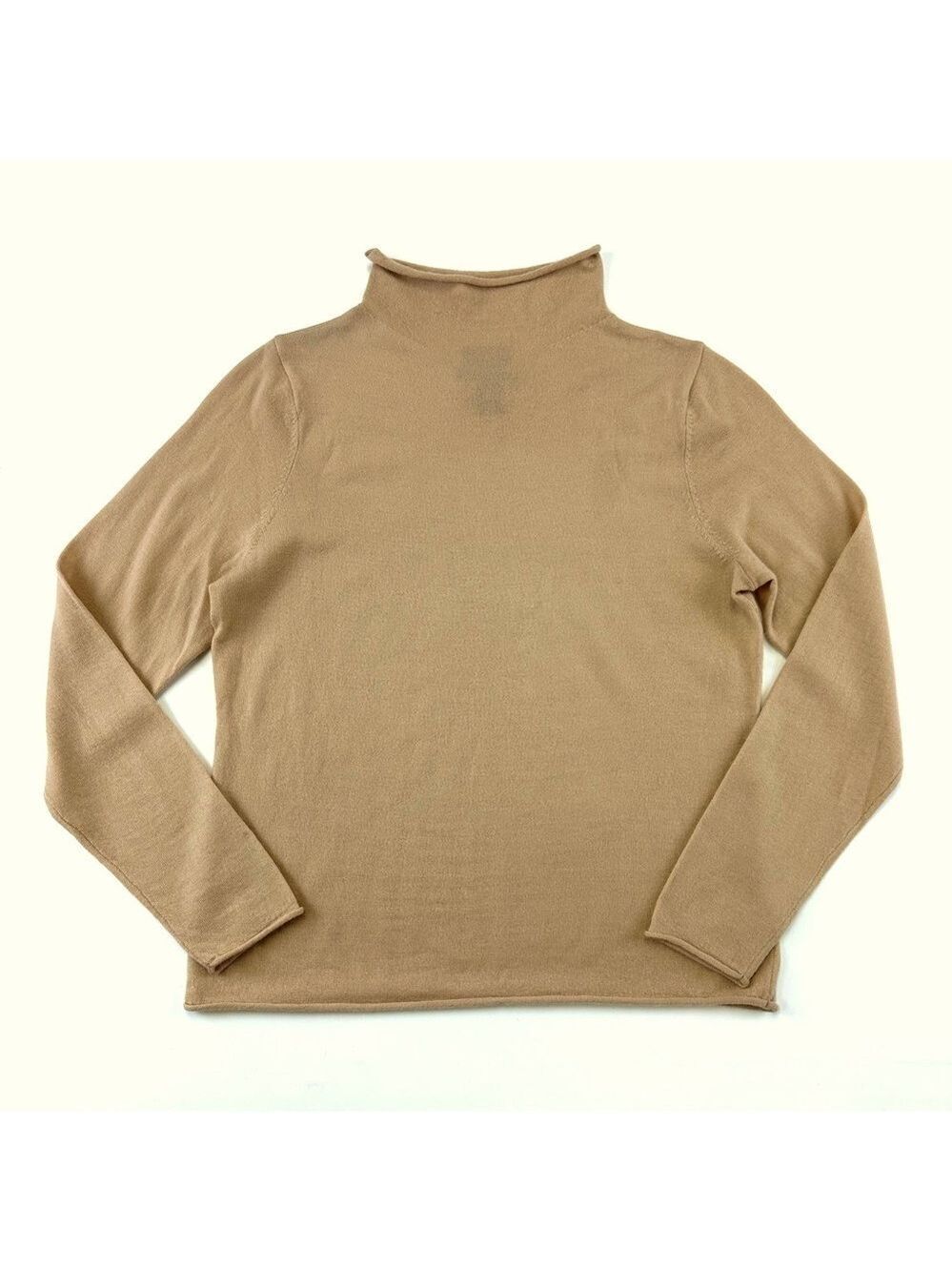 Nicole Miller camel tan merino wool funnel neck turtleneck sweater MMinimalist
